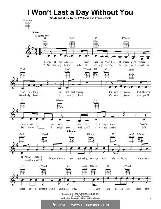 I Won't Last a Day without You (Carpenters): For ukulele by Paul H. Williams, Roger Nichols