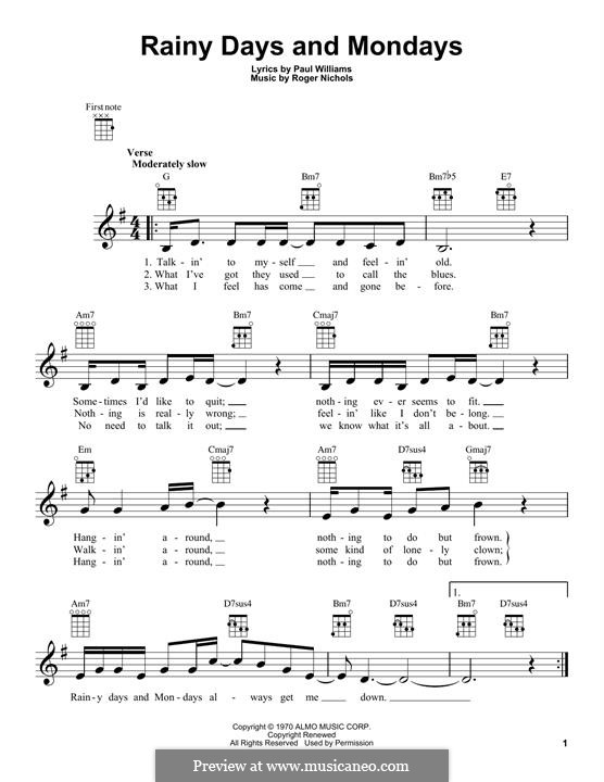 Rainy Days and Mondays Sheet Music | Carpenters | Piano Chords/Lyrics