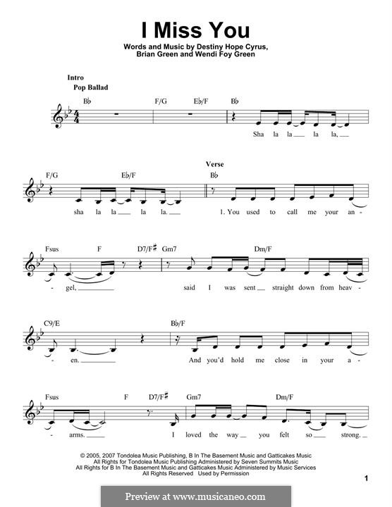 I Miss You (Hannah Montana): Melody line by Brian Green, Destiny Hope Cyrus, Wendi Foy Green