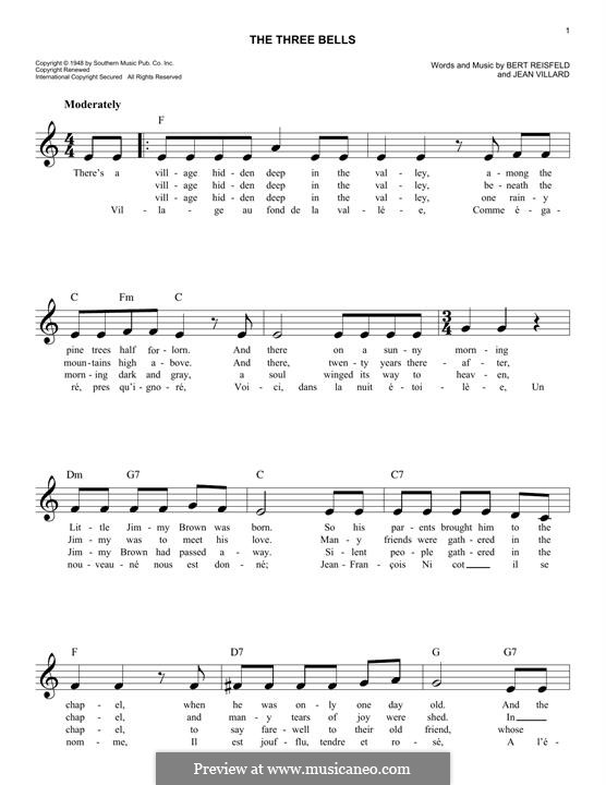 The Three Bells (Les Trois Cloches): Melody line by Jean Villard
