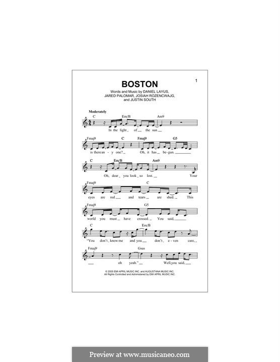 Boston (Augustana): Melody line by Daniel Layus, Jared Palomar, Josiah Rozencwajg, Justin South