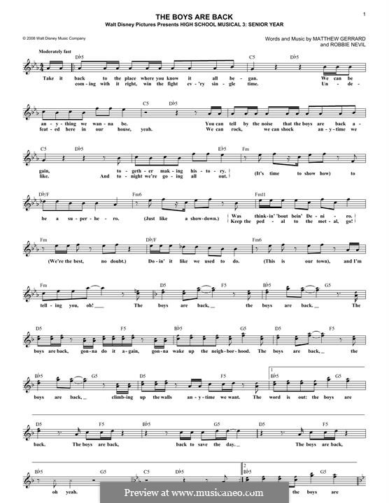The Boys Are Back (from High School Musical 3): Melody line by Matthew Gerrard, Robbie Nevil