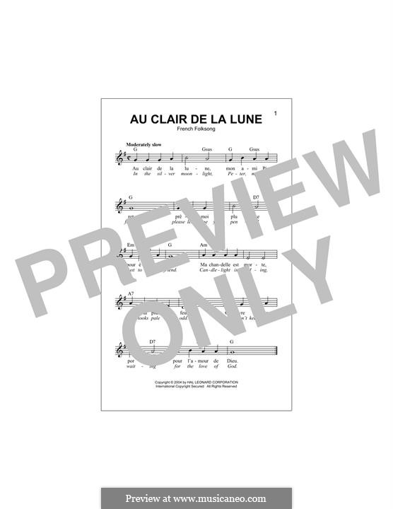 Au Claire de la Lune: Melody line by folklore