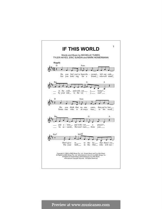 If This World (Jaci Velasquez): Melody line by Erik Sundin, Mark Heimermann, Michelle Tumes, Tyler Hayes