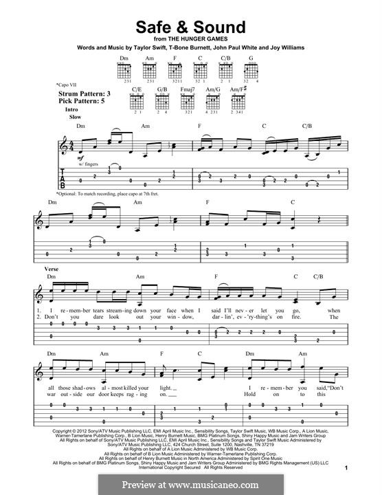 Safe and Sound (Taylor Swift feat. The Civil Wars): For guitar with tab by John Paul White, Joy Williams, T-Bone Burnett, Taylor Swift