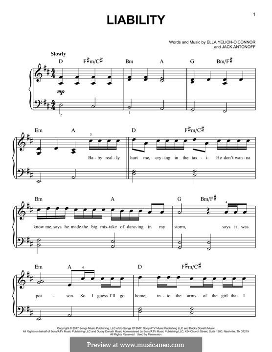 Liability (Lorde): For piano by Jack Antonoff, Ella Yelich-O'Connor