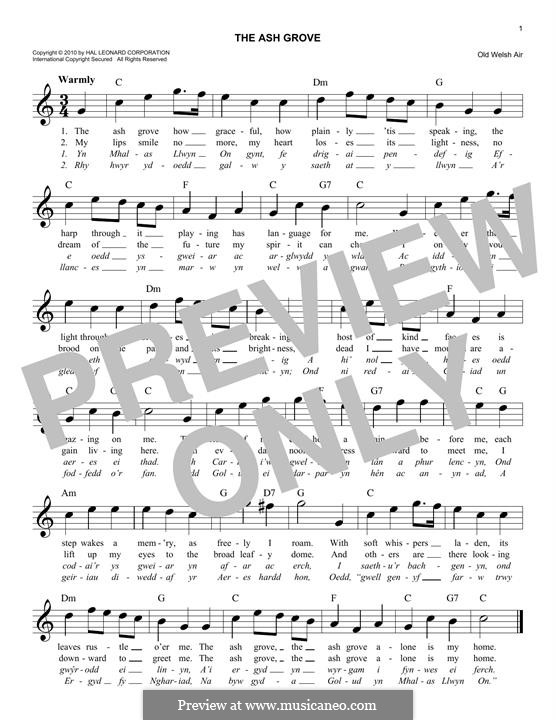 The Ash Grove (printable scores): Melody line by folklore