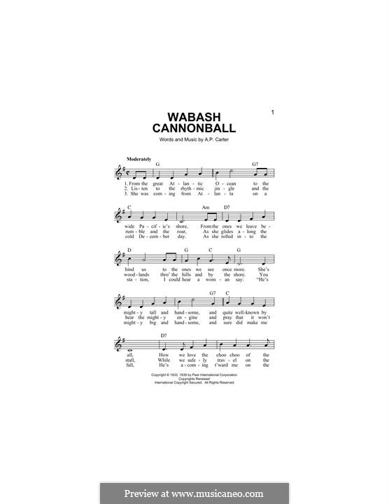 Wabash Cannonball (Roy Acuff): Melody line by A.P. Carter