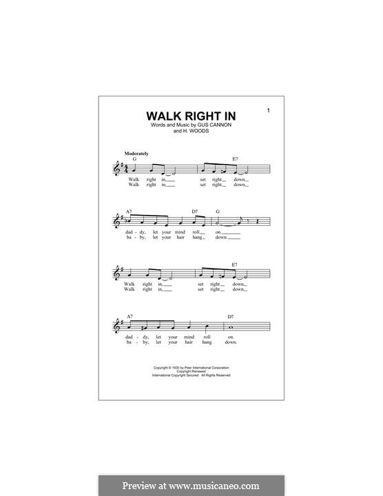 Walk Right in (The Rooftop Singers): Melody line by Gus Cannon, Harry Woods
