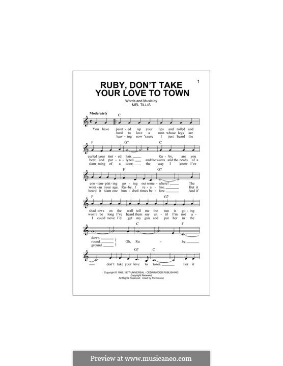 Ruby, Don't Take Your Love to Town (The Killers): Melody line by Mel Tillis