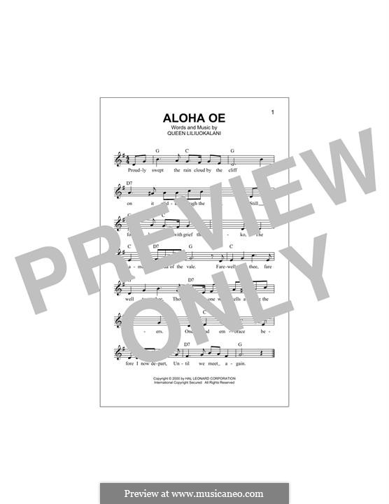 Aloha 'Oe: Melody line by Lydia Liliuokalani