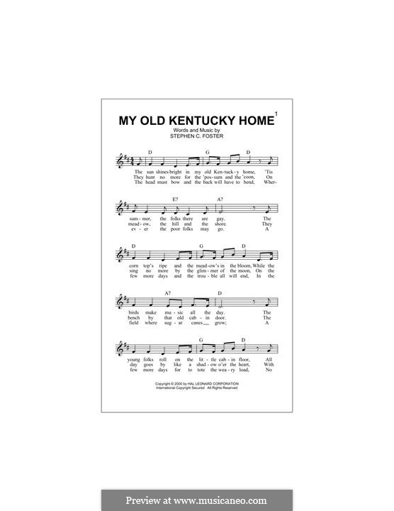 My Old Kentucky Home Good-Night: Melody line by Stephen Collins Foster