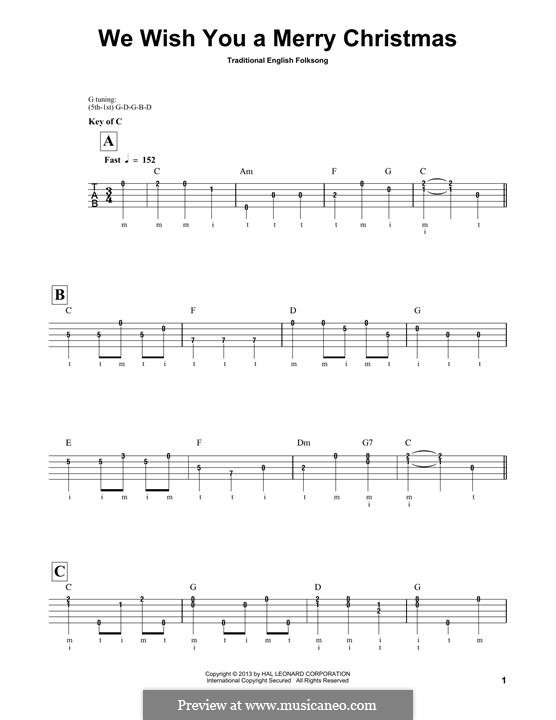 We Wish You a Merry Christmas (Printable Scores): For banjo by folklore