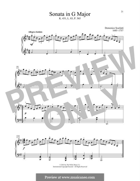 Sonata No.83 in G Major, K.431 L.83 P.365: For piano by Domenico Scarlatti