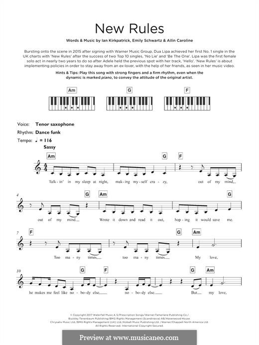 New Rules (Dua Lipa): For keyboard by Ian Kirkpatrick, Emily Schwartz, Caroline Ailin