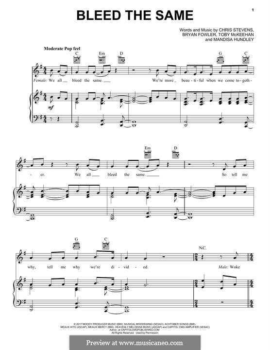 Bleed the Same (Mandisa): For voice and piano (or guitar) by Toby McKeehan, Chris Stevens, Mandisa Hundley, Bryan Fowler