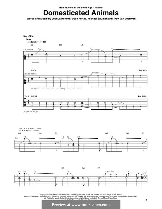 Domesticated Animals (Queens of the Stone Age): For guitar with tab by Dean Fertita, Joshua Homme, Troy Van Leeuwen, Michael Shuman