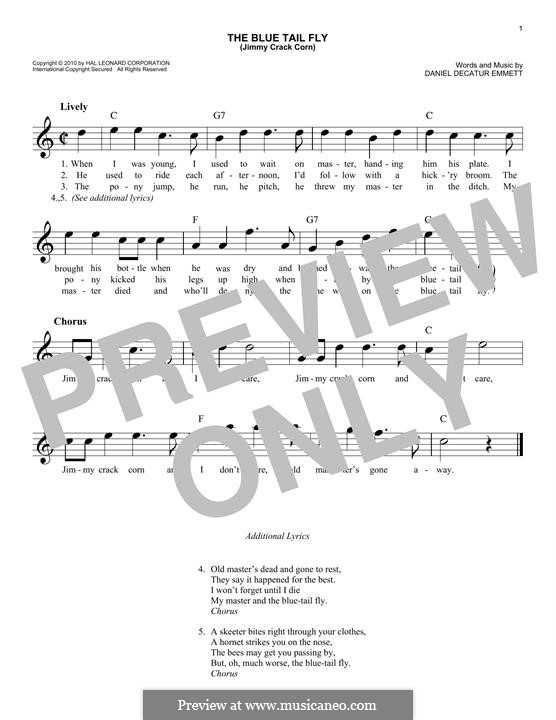 The Blue Tail Fly (Jimmy Crack Corn): Melody line by Daniel Decatur Emmett