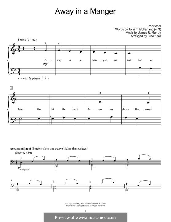 Away in a Manger (Printable Scores): For easy piano by James R. Murray