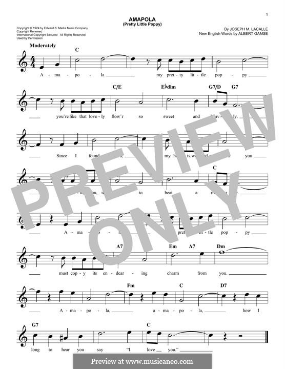 Amapola (Pretty Little Poppy): Melody line by Joseph M. Lacalle