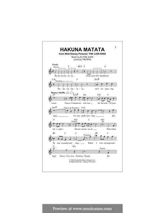 Hakuna Matata (from The Lion King): Melody line by Elton John