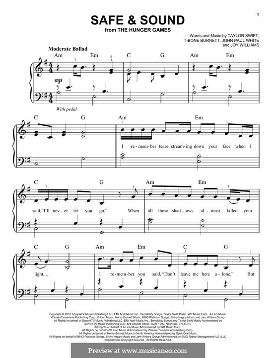 Safe and Sound (Taylor Swift feat. The Civil Wars): For piano by John Paul White, Joy Williams, T-Bone Burnett, Taylor Swift