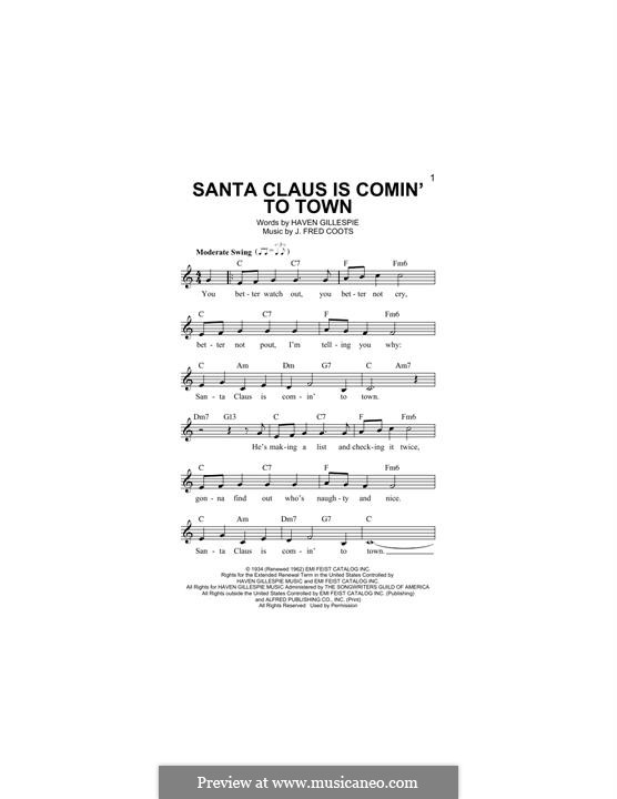 Santa Claus is Comin' to Town: Melody line by J. Fred Coots