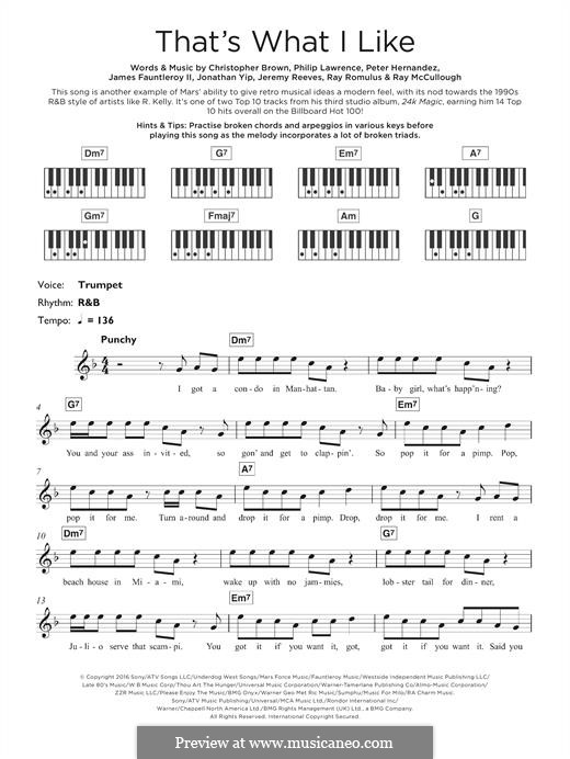 That's What I Like: For keyboard by James Fauntleroy II, Jeremy Reeves, Jonathan Yip, Bruno Mars, Philip Lawrence, Ray Romulus, Christopher Brody Brown, Ray Charles McCullough II