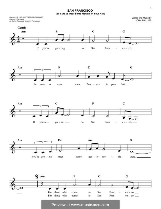 San Francisco (Be Sure to Wear Some Flowers in Your Hair): Melody line by John Phillips