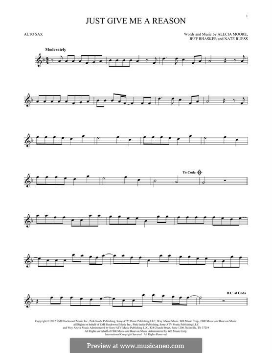 Just Give Me a Reason (Pink): For alto saxophone by Alecia Moore, Jeff Bhasker, Nathaniel Ruess