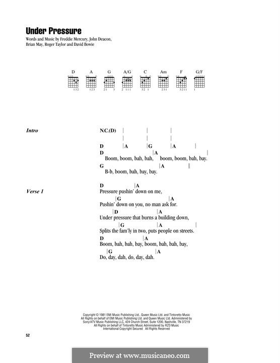 Under Pressure (David Bowie & Queen): Lyrics and chords by Brian May, David Bowie, Freddie Mercury, John Deacon, Roger Taylor