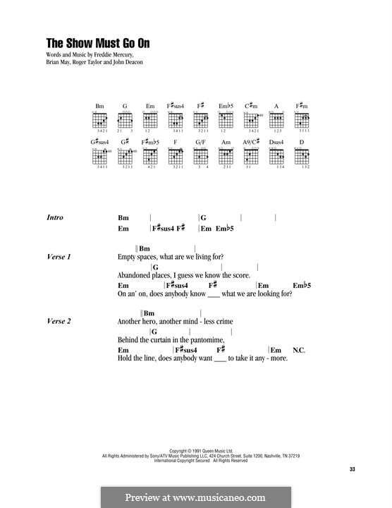 The Show Must Go On (Queen): Lyrics and chords by Brian May, Freddie Mercury, John Deacon, Roger Taylor