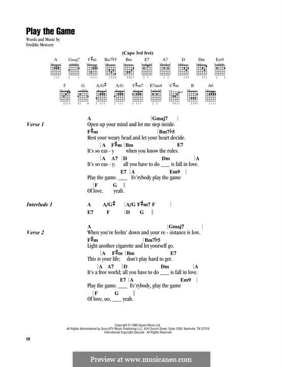 Play The Game Sheet Music | Queen | Guitar Chords/Lyrics