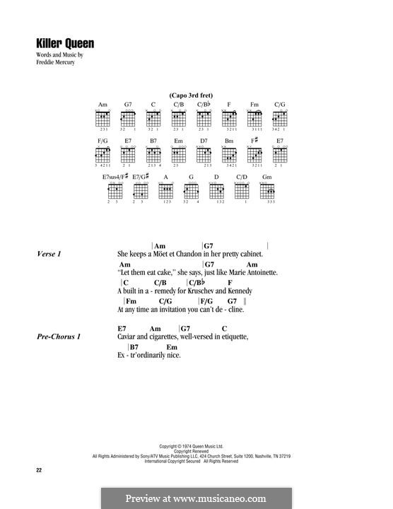 Killer Queen (Queen): Lyrics and chords by Freddie Mercury