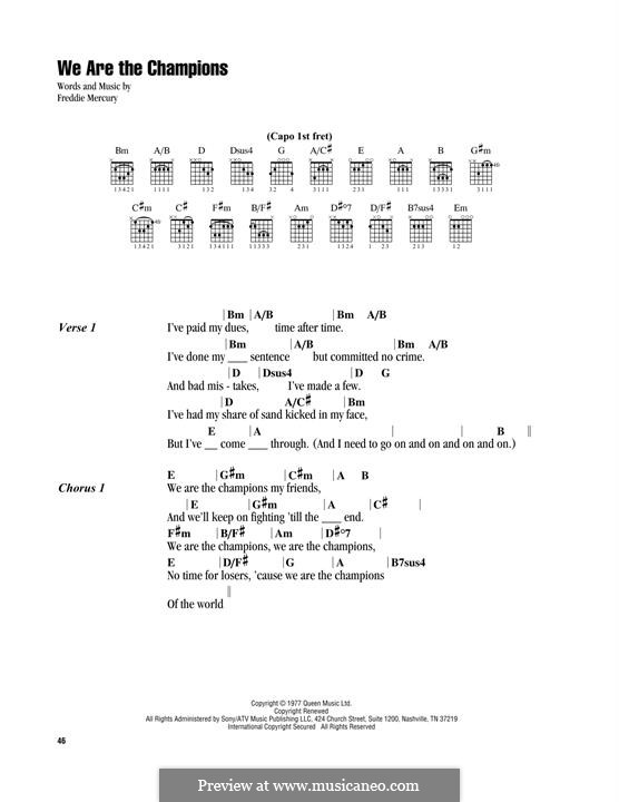 We are the Champions (Queen): Lyrics and chords by Freddie Mercury