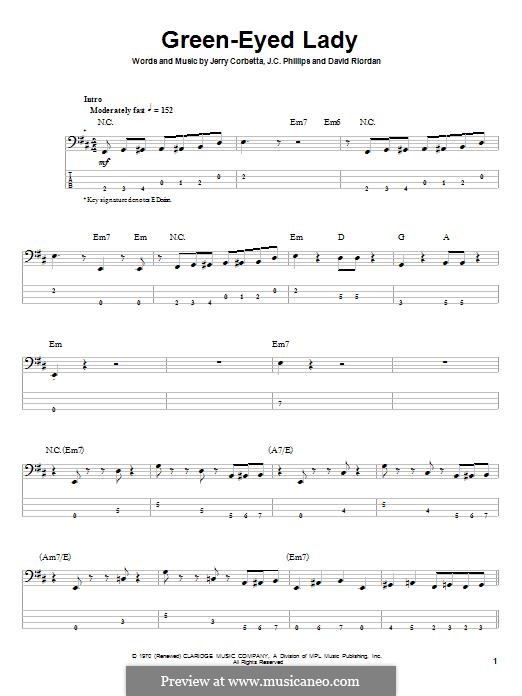 Green-Eyed Lady (Sugarloaf): For bass guitar with tab by David Riordan, J.C. Phillips, Jerry Corbetta