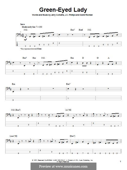 Green-Eyed Lady (Sugarloaf): For bass guitar with tab by David Riordan, J.C. Phillips, Jerry Corbetta