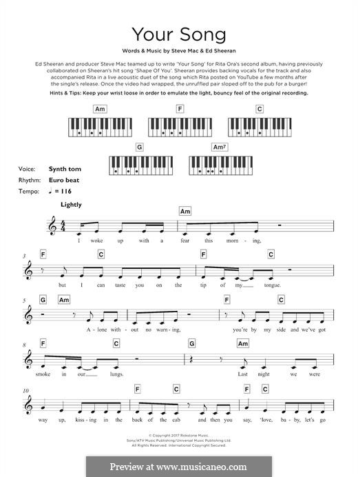 Your Song (Rita Ora): For keyboard by Ed Sheeran, Steve Mac