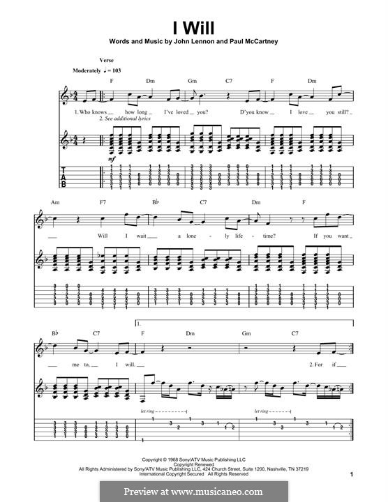 I Will (The Beatles): For guitar with tab by John Lennon, Paul McCartney