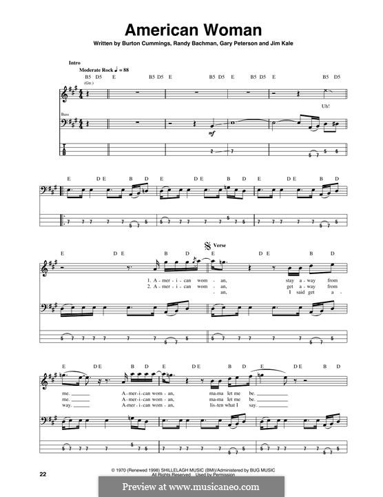 American Woman (Lenny Kravitz): For bass guitar with tab by Burton Cummings, Garry Peterson, Jim Kale, Randy Bachman