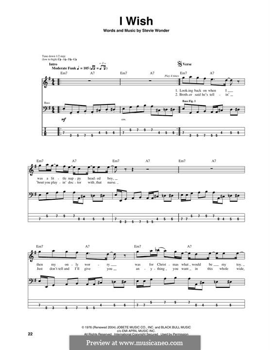 I Wish: For bass guitar with tab by Stevie Wonder