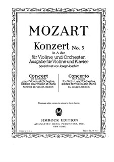 Concerto for Violin and Orchestra No.5 in A Major 'Turkish', K.219: Arrangement for violin and piano by Wolfgang Amadeus Mozart