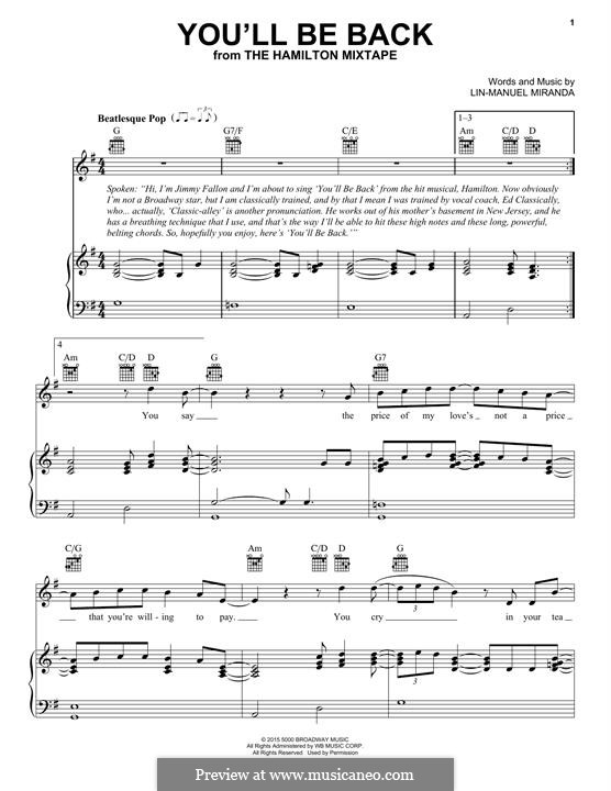 You'll Be Back (from 'Hamilton') by L. Miranda - sheet music on MusicaNeo