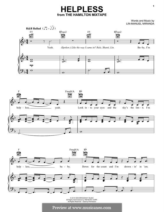 Helpless (from Hamilton): For voice and piano (or guitar) by Lin-Manuel Miranda