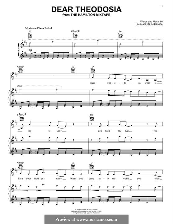 Dear Theodosia (from Hamilton): For voice and piano (or guitar) by Lin-Manuel Miranda