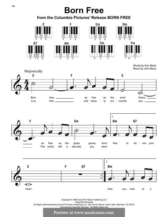 Born Free (Matt Monro): For easy piano by John Barry