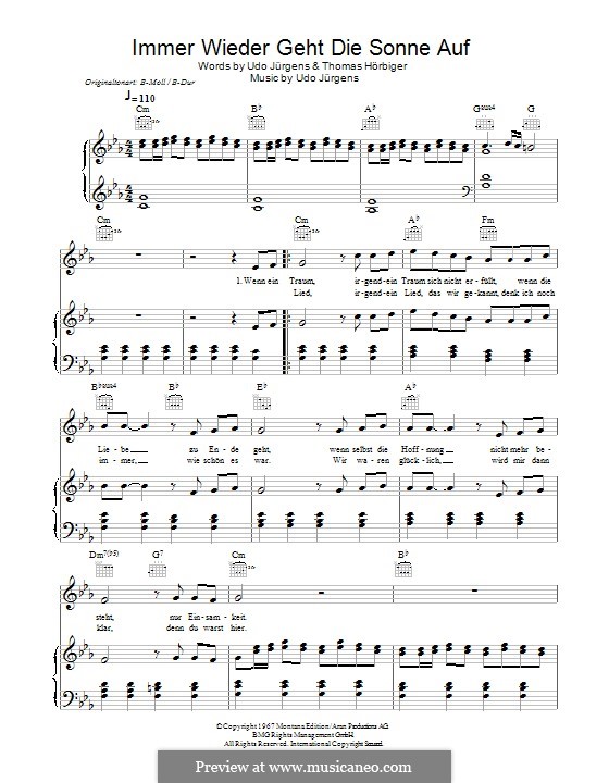 Immer Wieder Geht die Sonne Auf: For voice and piano (or guitar) by Udo Jürgens