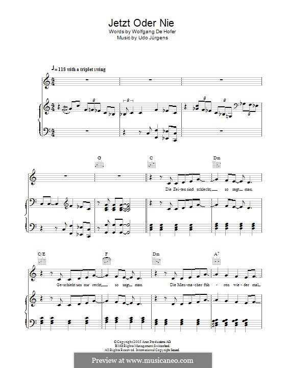 Jetzt Oder Nie: For voice and piano (or guitar) by Udo Jürgens