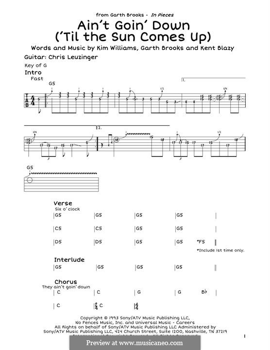 Ain't Going Down (Til the Sun Comes Up): For guitar by Garth Brooks, Kent Blazy, Kim Williams