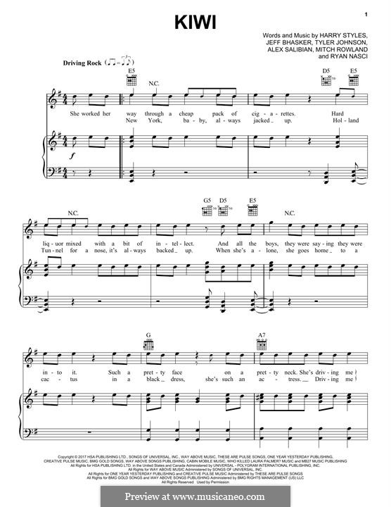 Kiwi: For voice and piano (or guitar) by Jeff Bhasker, Harry Styles, Tyler Sam Johnson, Alex Salibian, Mitch Rowland, Ryan Nasci